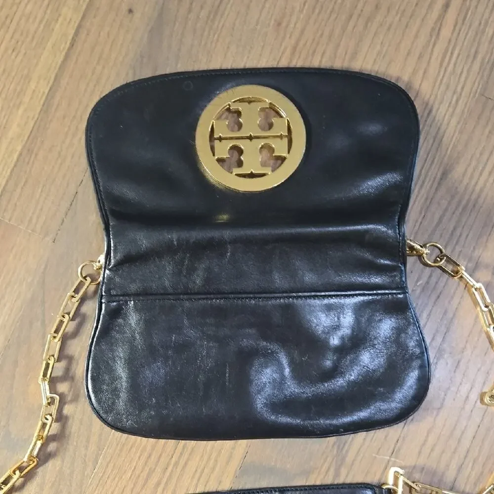 Tory Burch Black Leather Clutch with Gold Crossbody Chain - Picture 9 of 13